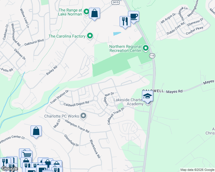 map of restaurants, bars, coffee shops, grocery stores, and more near 10143 Caldwell Depot Road in Cornelius