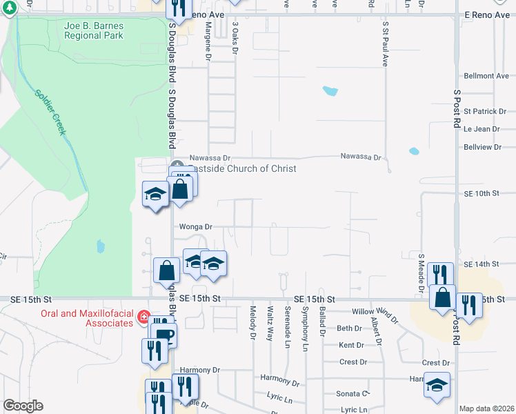 map of restaurants, bars, coffee shops, grocery stores, and more near 9305 Wonga Drive in Midwest City