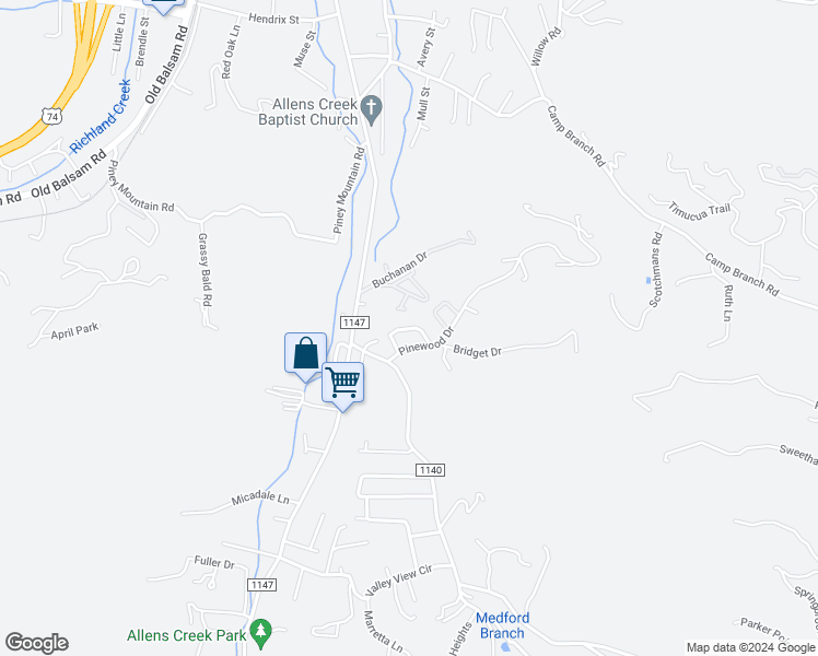 map of restaurants, bars, coffee shops, grocery stores, and more near 50 Kimberly Lane in Waynesville