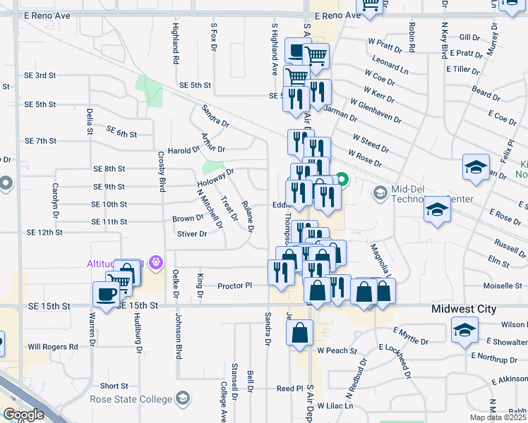 map of restaurants, bars, coffee shops, grocery stores, and more near 1817 Sandra Drive in Midwest City