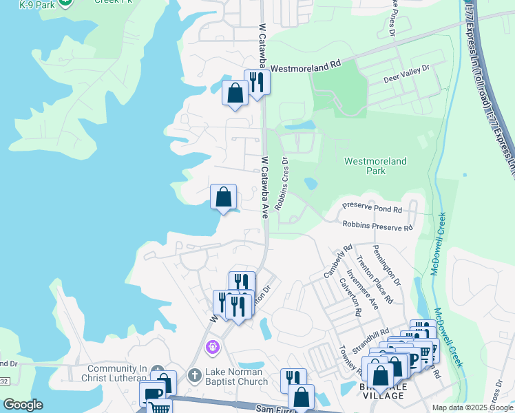 map of restaurants, bars, coffee shops, grocery stores, and more near 18805 Bluff Point Road in Cornelius