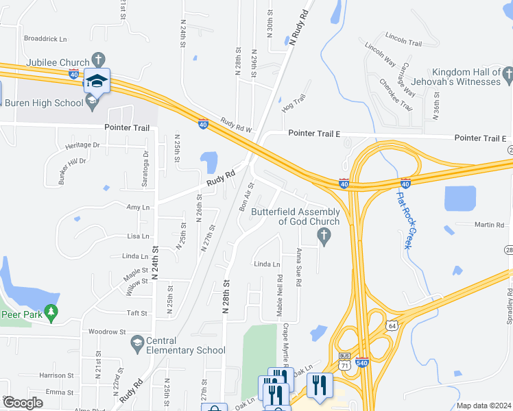 map of restaurants, bars, coffee shops, grocery stores, and more near 1350 Shadowalk Drive in Van Buren
