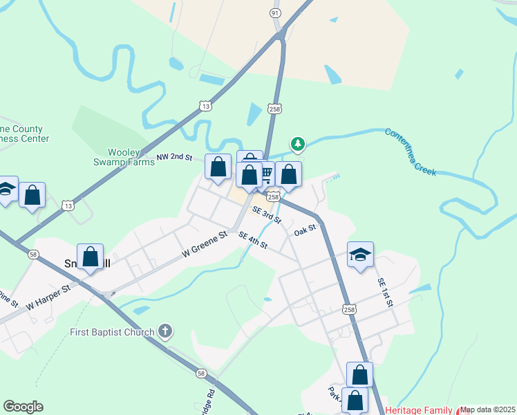 map of restaurants, bars, coffee shops, grocery stores, and more near 102 Southeast 3rd Street in Snow Hill