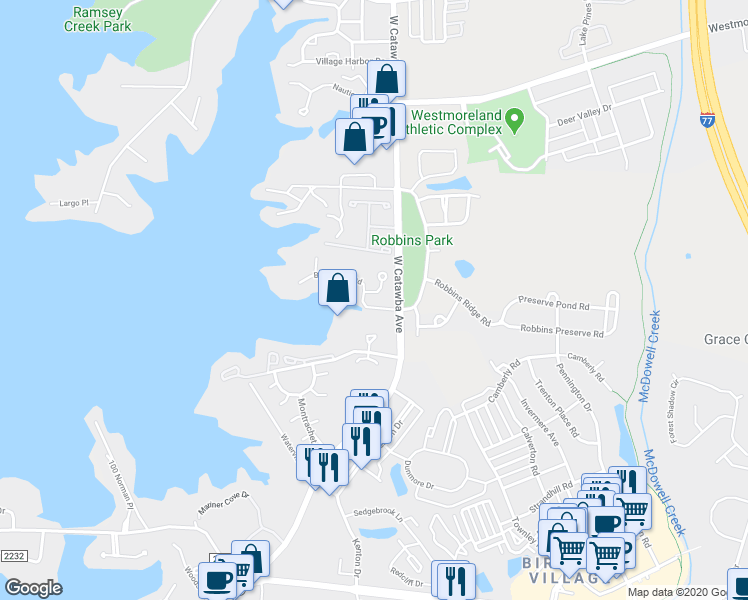 map of restaurants, bars, coffee shops, grocery stores, and more near 18805 Bluff Point Road in Cornelius