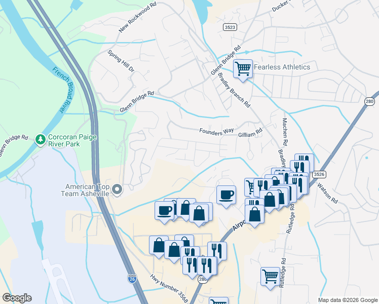 map of restaurants, bars, coffee shops, grocery stores, and more near 41 Burdock Lane in Arden