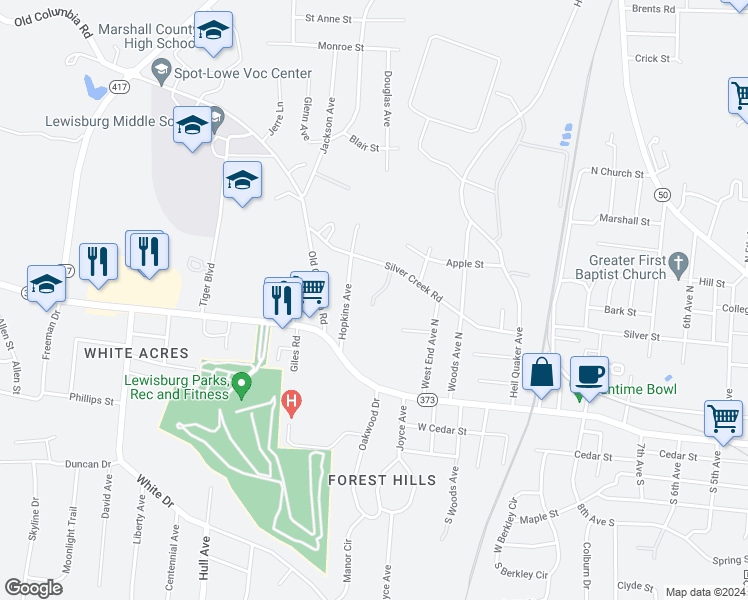 map of restaurants, bars, coffee shops, grocery stores, and more near 1300 Walker Street in Lewisburg