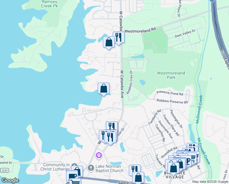 map of restaurants, bars, coffee shops, grocery stores, and more near 18805 Bluff Point Road in Cornelius