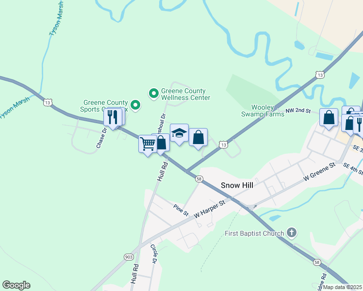 map of restaurants, bars, coffee shops, grocery stores, and more near 301 Kingold Boulevard in Snow Hill