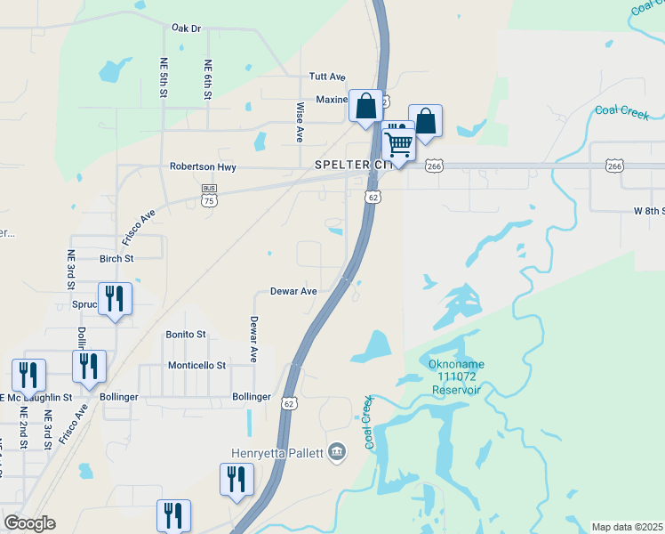 map of restaurants, bars, coffee shops, grocery stores, and more near Main Street in Henryetta