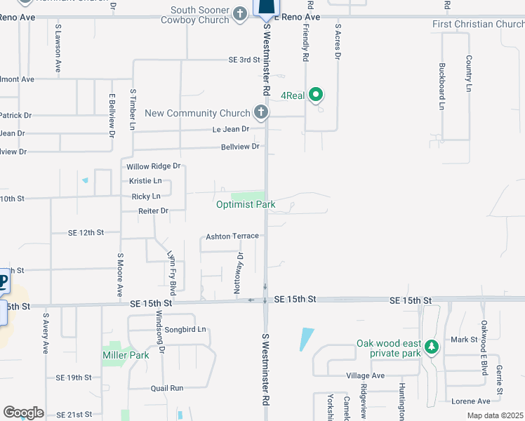 map of restaurants, bars, coffee shops, grocery stores, and more near 1025 South Westminster Road in Midwest City