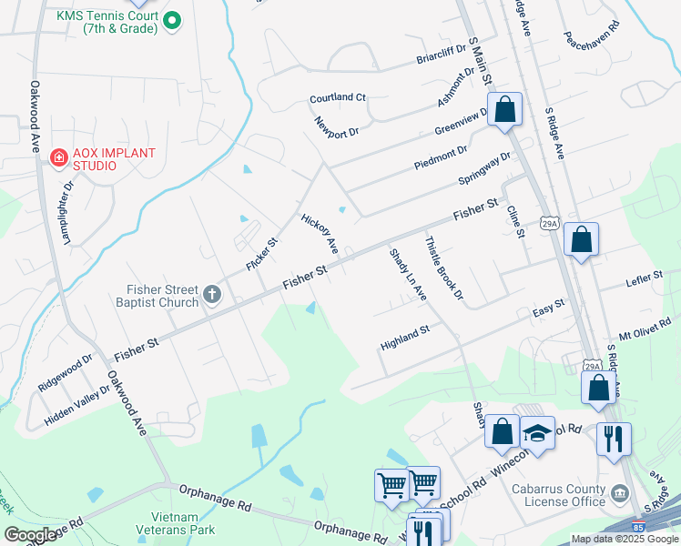 map of restaurants, bars, coffee shops, grocery stores, and more near 601 Fisher Street in Concord