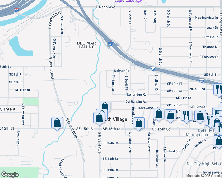 map of restaurants, bars, coffee shops, grocery stores, and more near 1200 South Bryant Avenue in Del City