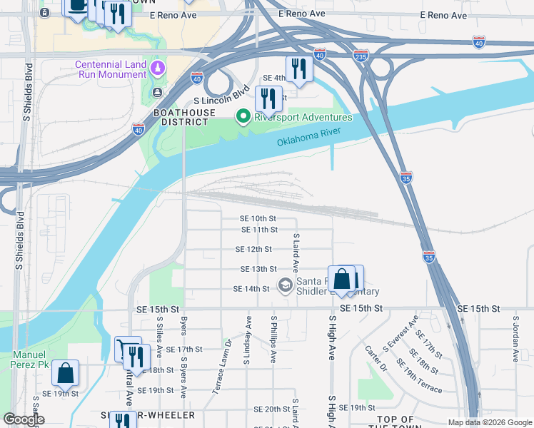 map of restaurants, bars, coffee shops, grocery stores, and more near 711 Southeast 11th Street in Oklahoma City