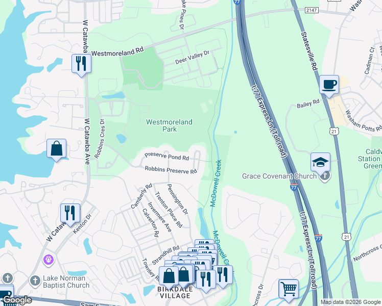 map of restaurants, bars, coffee shops, grocery stores, and more near 9504 Robbins Preserve Road in Cornelius