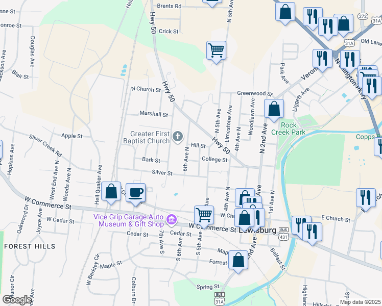 map of restaurants, bars, coffee shops, grocery stores, and more near 431 North 6th Avenue in Lewisburg