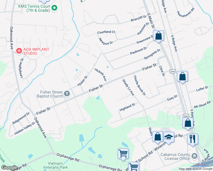 map of restaurants, bars, coffee shops, grocery stores, and more near 601 Fisher Street in Concord