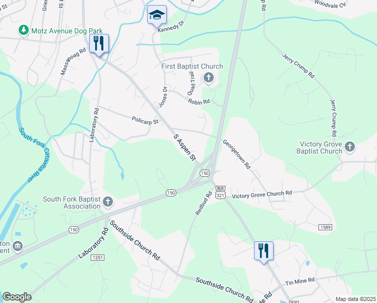 map of restaurants, bars, coffee shops, grocery stores, and more near 1573 South Aspen Street in Lincolnton