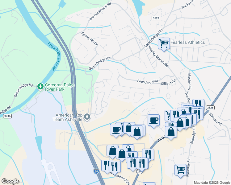 map of restaurants, bars, coffee shops, grocery stores, and more near 10 Butterfly Hill Drive in Arden