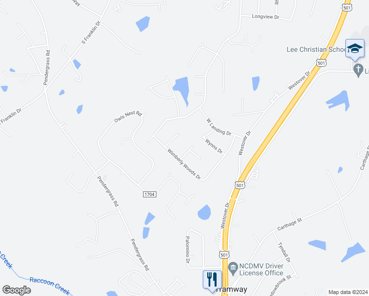 map of restaurants, bars, coffee shops, grocery stores, and more near 1505 Wiggins Drive in Sanford