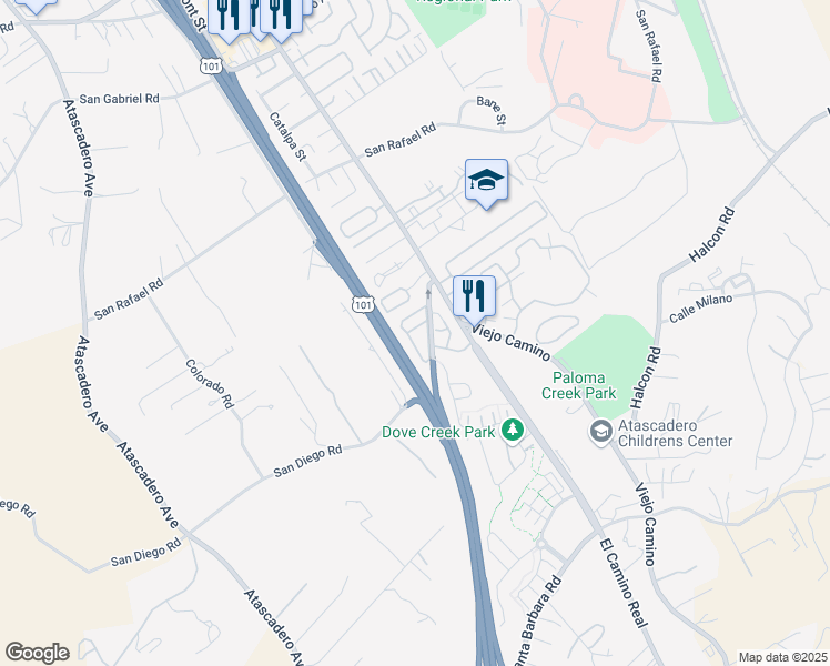 map of restaurants, bars, coffee shops, grocery stores, and more near 9147 San Diego Road in Atascadero