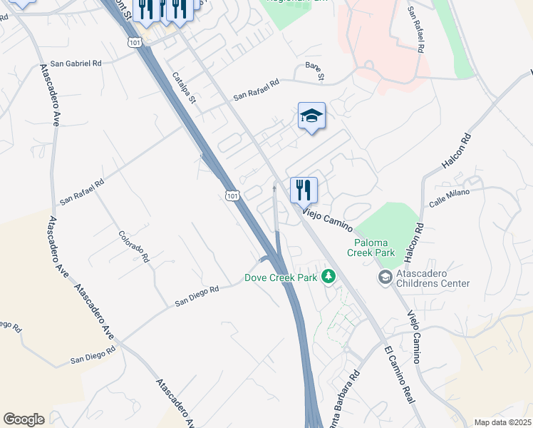 map of restaurants, bars, coffee shops, grocery stores, and more near 9191 San Diego Way in Atascadero
