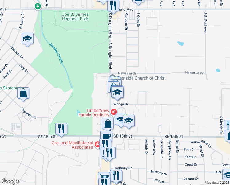 map of restaurants, bars, coffee shops, grocery stores, and more near 1020 South Douglas Boulevard in Midwest City