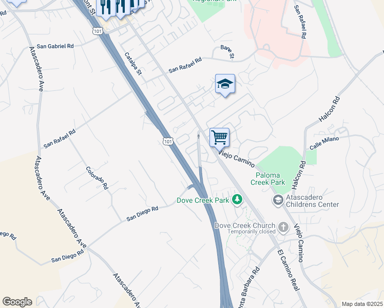 map of restaurants, bars, coffee shops, grocery stores, and more near 9191 San Diego Way in Atascadero