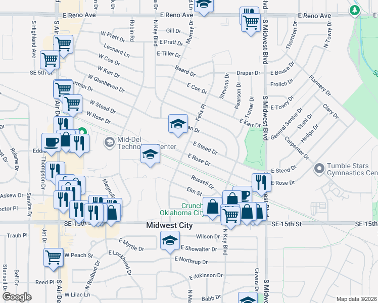 map of restaurants, bars, coffee shops, grocery stores, and more near 306 East Rose Drive in Midwest City