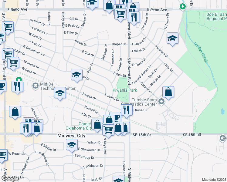 map of restaurants, bars, coffee shops, grocery stores, and more near 1716 North key Boulevard in Midwest City