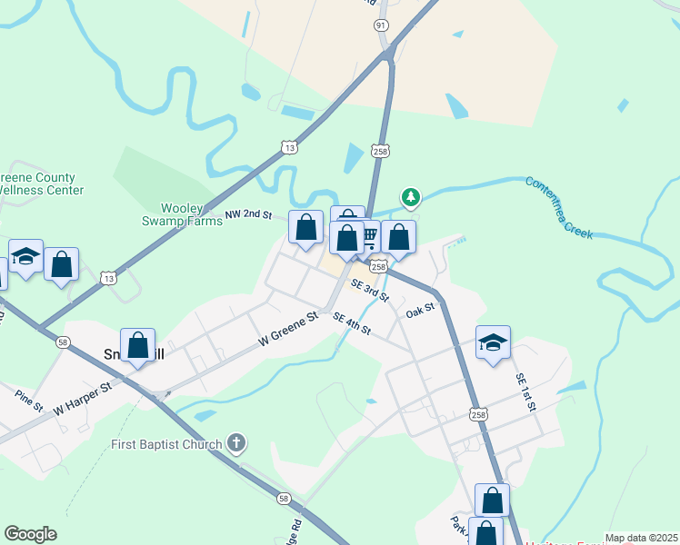map of restaurants, bars, coffee shops, grocery stores, and more near 208 North Greene Street in Snow Hill