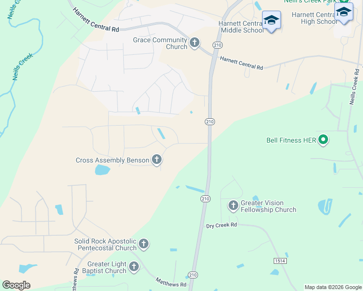 map of restaurants, bars, coffee shops, grocery stores, and more near 141 Hay Field Drive in Lillington