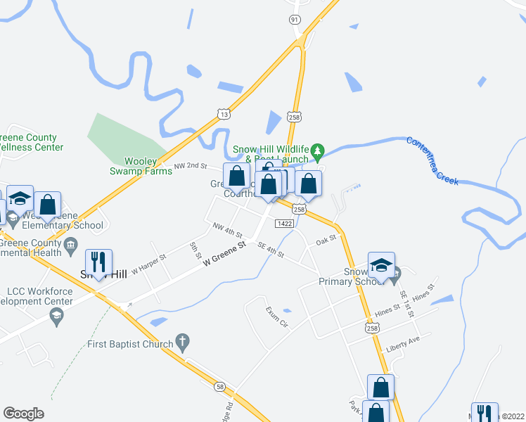 map of restaurants, bars, coffee shops, grocery stores, and more near 208 North Greene Street in Snow Hill