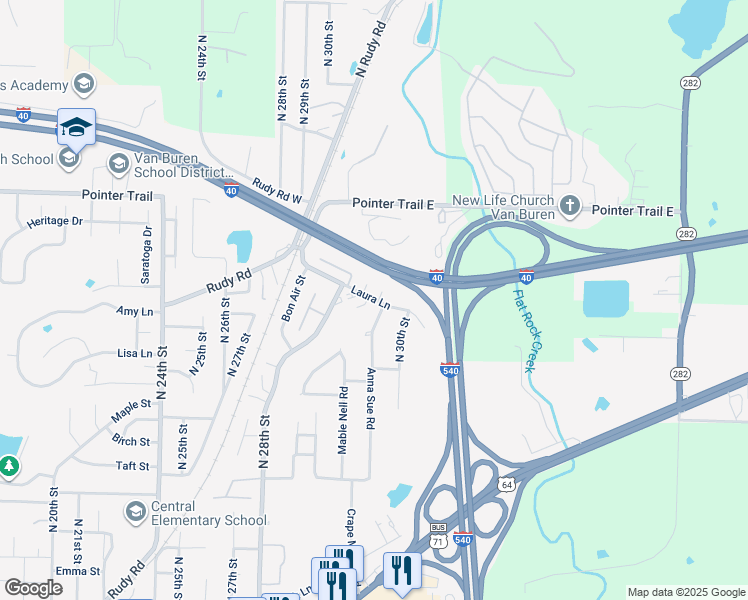 map of restaurants, bars, coffee shops, grocery stores, and more near 1405 Anna Sue Road in Van Buren
