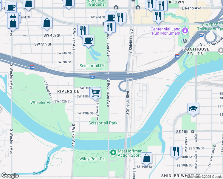 map of restaurants, bars, coffee shops, grocery stores, and more near 1100 South Robinson Avenue in Oklahoma City