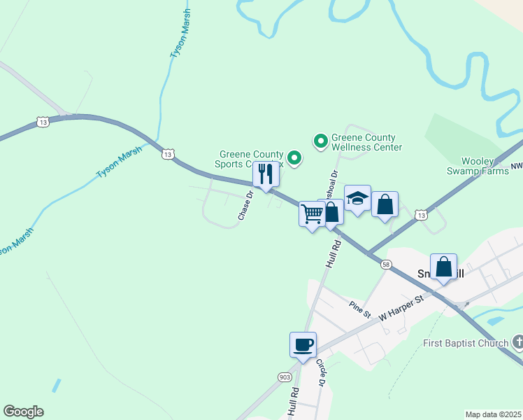map of restaurants, bars, coffee shops, grocery stores, and more near Perry Drive in Snow Hill
