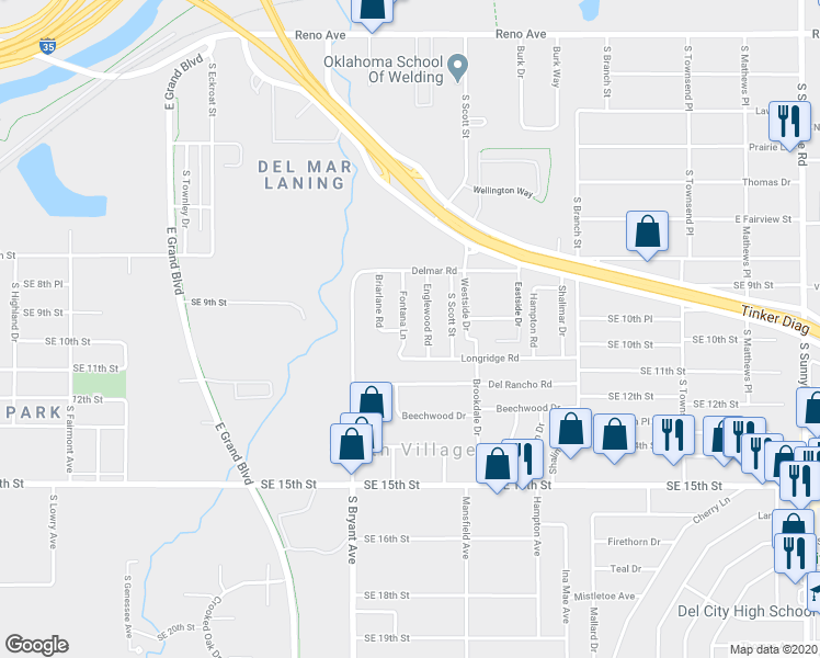 map of restaurants, bars, coffee shops, grocery stores, and more near 844 Fontana Lane in Del City