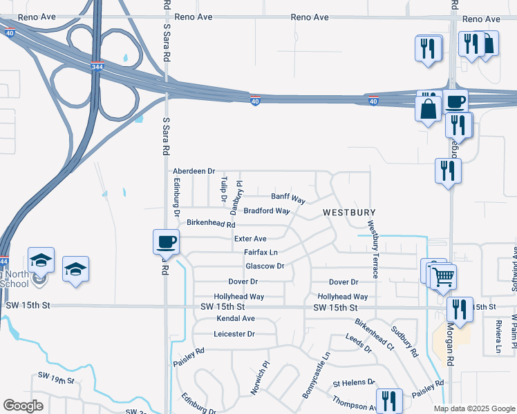 map of restaurants, bars, coffee shops, grocery stores, and more near 10305 Bradford Way in Yukon
