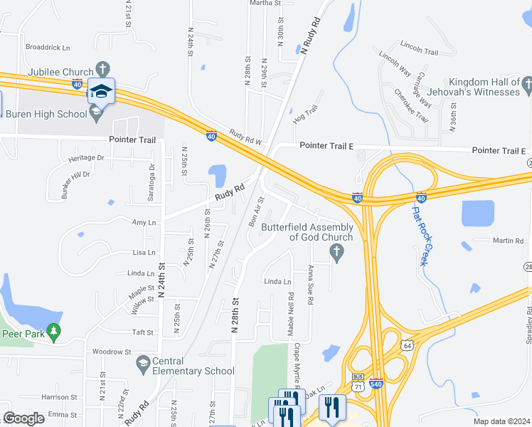 map of restaurants, bars, coffee shops, grocery stores, and more near 1367 Shadowalk Drive in Van Buren