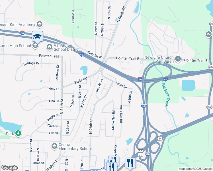 map of restaurants, bars, coffee shops, grocery stores, and more near 1414 Shadowalk Drive in Van Buren