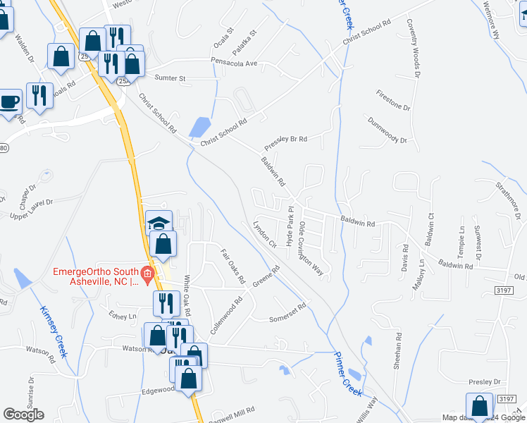 map of restaurants, bars, coffee shops, grocery stores, and more near 67 Baldwin Road in Arden