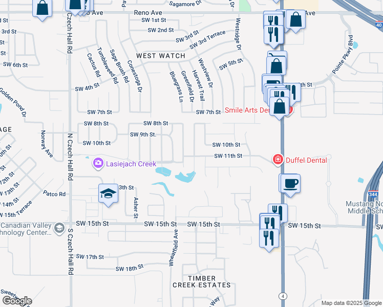 map of restaurants, bars, coffee shops, grocery stores, and more near 1013 Greenfield Avenue in Yukon