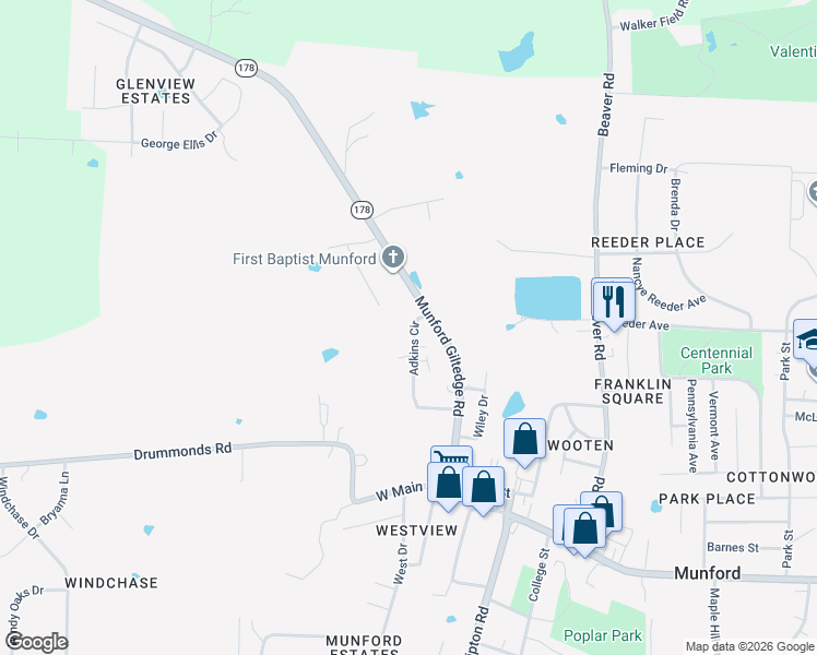 map of restaurants, bars, coffee shops, grocery stores, and more near 299 Adkins Circle in Munford