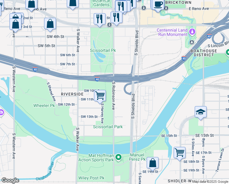 map of restaurants, bars, coffee shops, grocery stores, and more near 1100 South Robinson Avenue in Oklahoma City