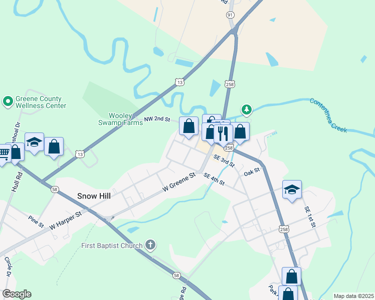 map of restaurants, bars, coffee shops, grocery stores, and more near 118 Northwest 3rd Street in Snow Hill