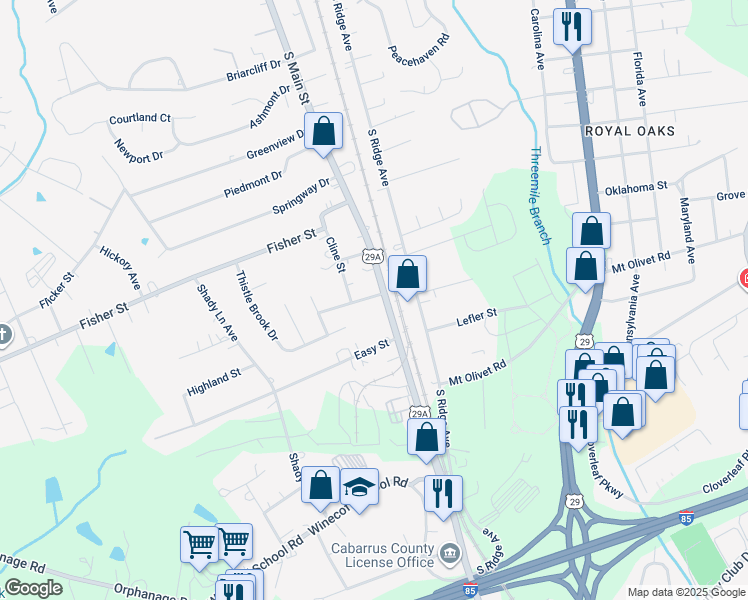 map of restaurants, bars, coffee shops, grocery stores, and more near 2700 South Main Street in Concord