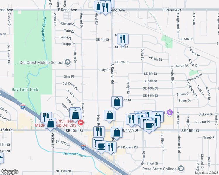 map of restaurants, bars, coffee shops, grocery stores, and more near 1012 Hisel Road in Del City