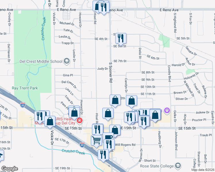 map of restaurants, bars, coffee shops, grocery stores, and more near 1012 Hisel Road in Del City