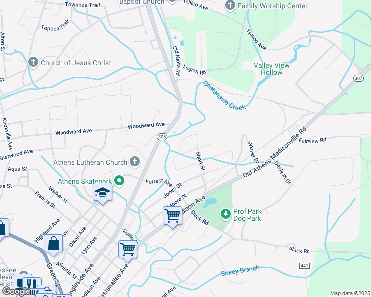 map of restaurants, bars, coffee shops, grocery stores, and more near 1105 Sioux St in Athens