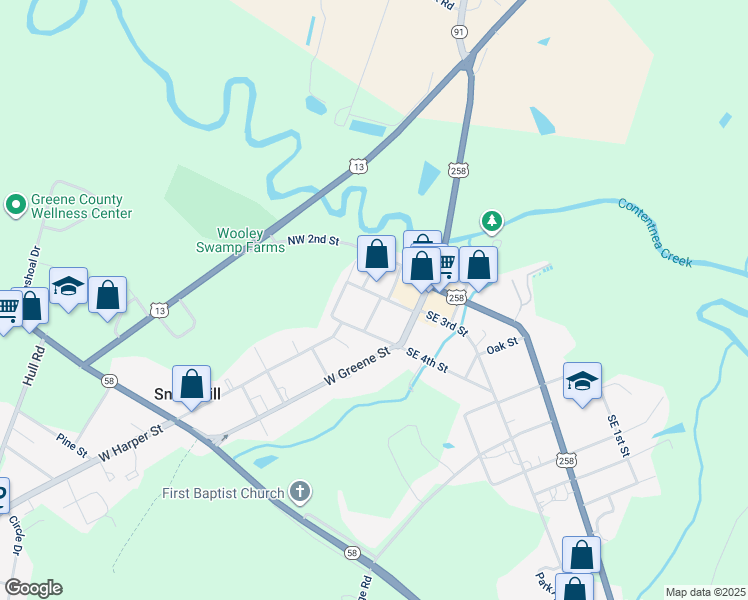 map of restaurants, bars, coffee shops, grocery stores, and more near 118 Northwest 3rd Street in Snow Hill