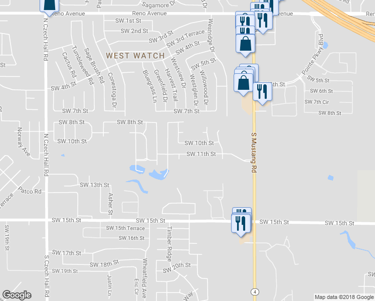 map of restaurants, bars, coffee shops, grocery stores, and more near 11633 Southwest 11th Street in Yukon